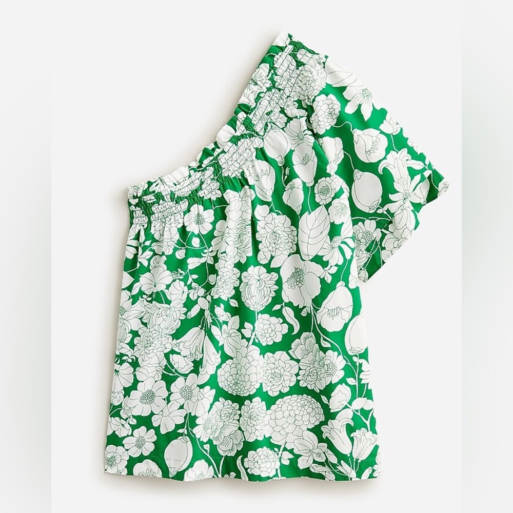 J. Crew Kelly Green Floral Smocked One-Shoulder Cotton Top